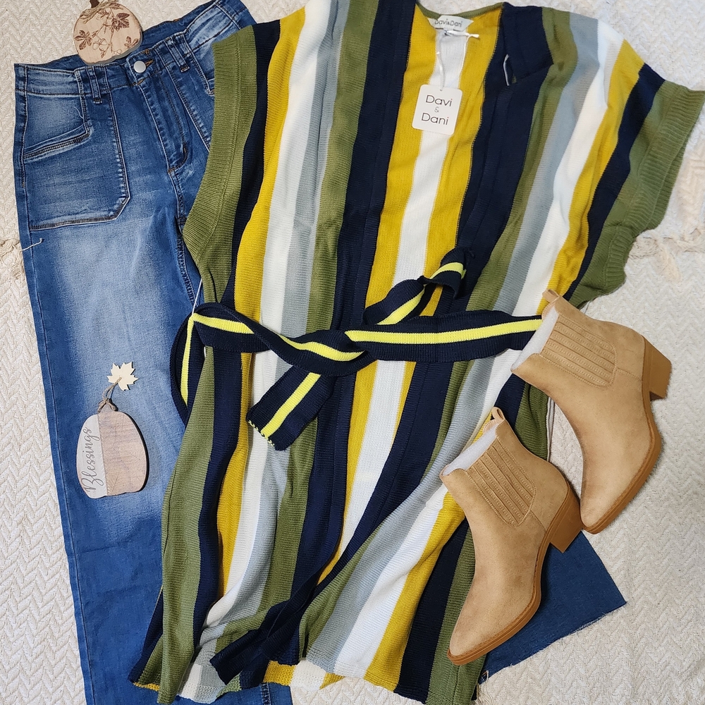 Davi & Dani Striped Short Sleeve Boho Cardigan Shacket Jacket